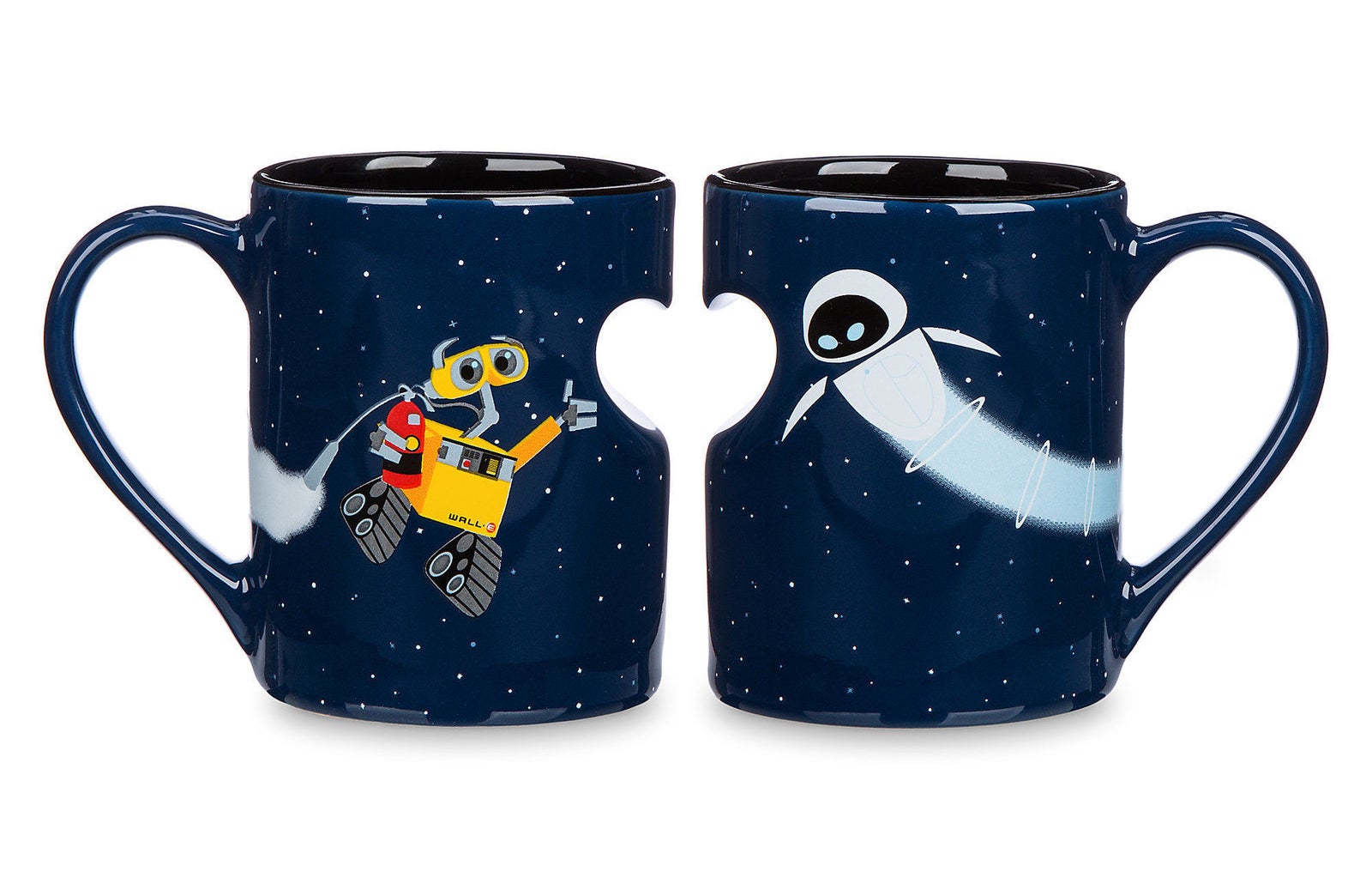 two space mugs next to each other with wall-e and eve and a half heart cut-out 