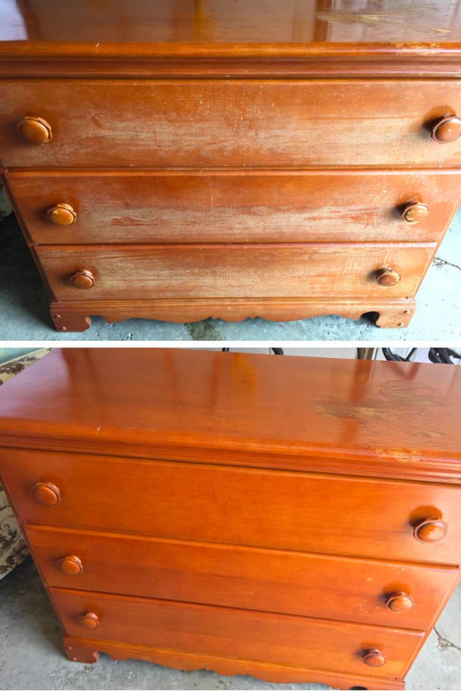 before: a chest of drawers with a faded finish on the front; after: the same drawers now with a seamless uniform finish