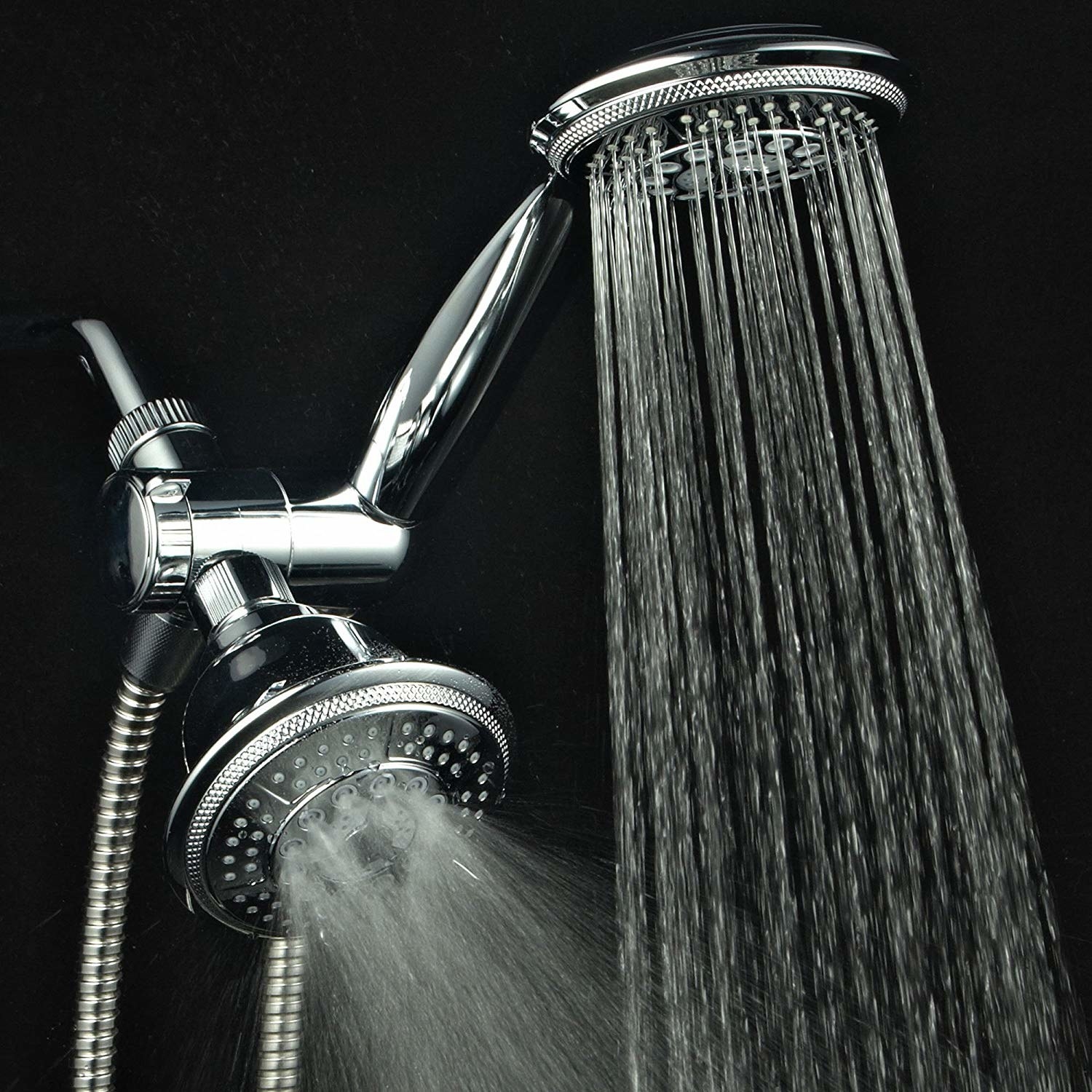 The shower head and the handheld sprayer with a steady stream of water coming out