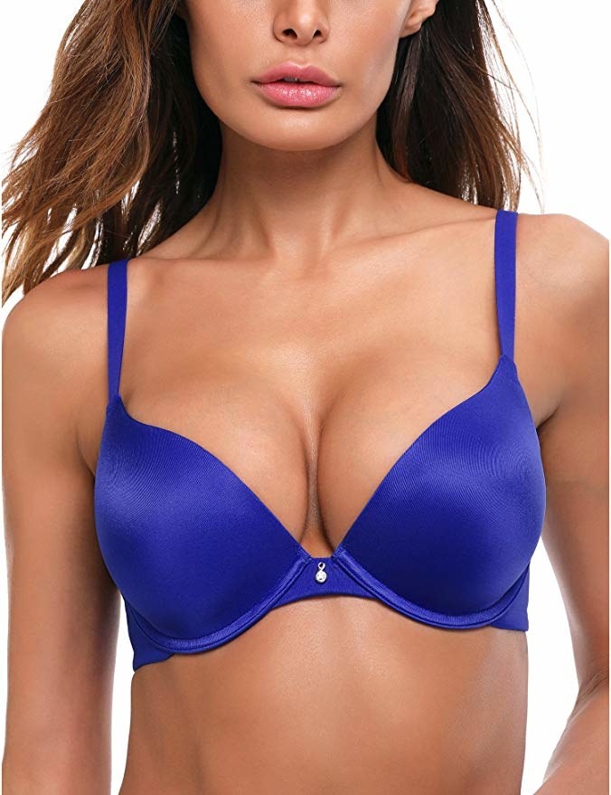 Model wearing the push-up bra in blue, front