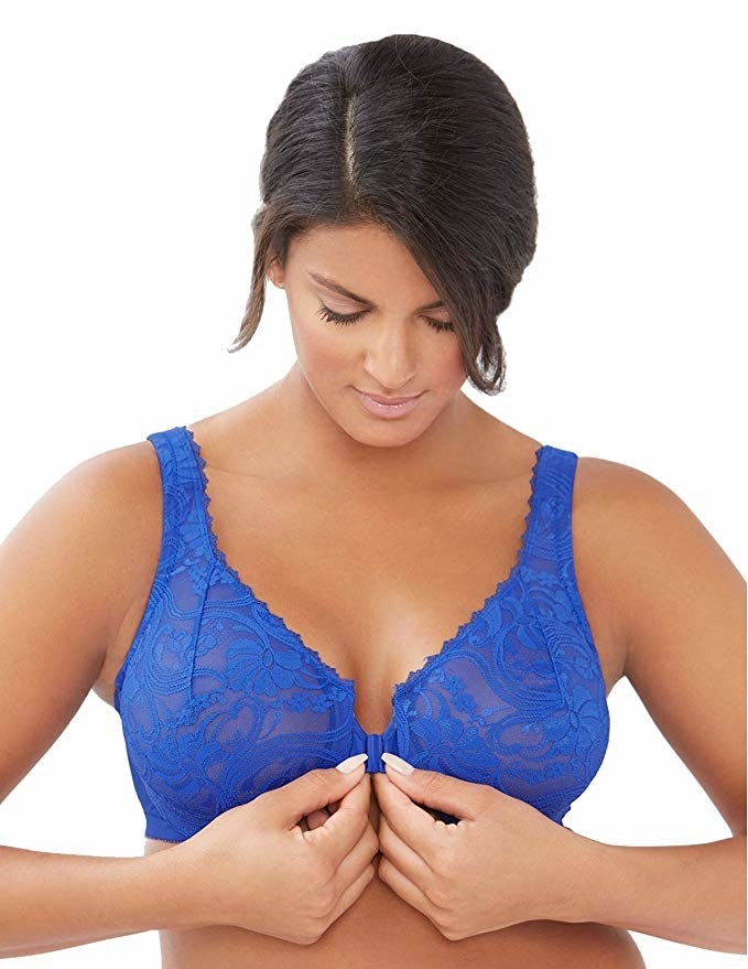 Model wearing blue bra, front
