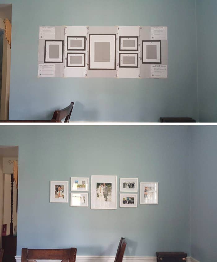 reviewer&#x27;s wall before, with paper template hung for nail placement, and after, with the framed photos hung where the templates were
