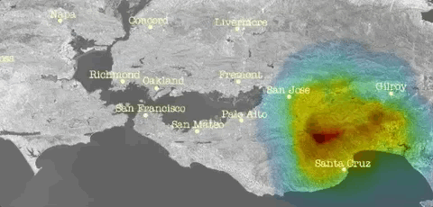 A USGS map shows how shaking spread during the 1989 Loma Prieta earthquake. Blue represents P waves, which travel faster than more violent S waves.