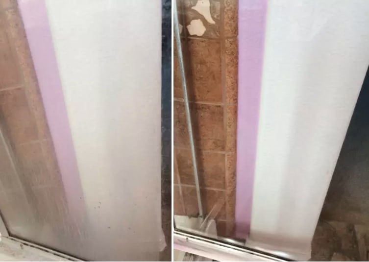 Before photo of a reviewer&#x27;s shower door that&#x27;s cloudy with hard water stains next to an after photo of the same shower door looking practically invisible because it&#x27;s so clean