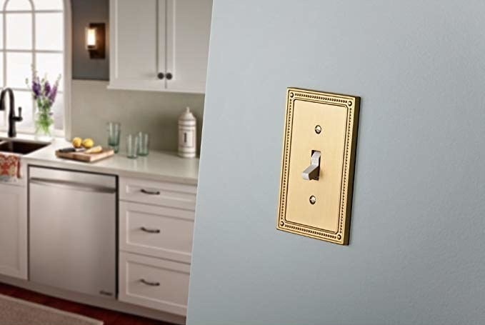 A rectangular cover over a light switch The cover has an intricate design on the border