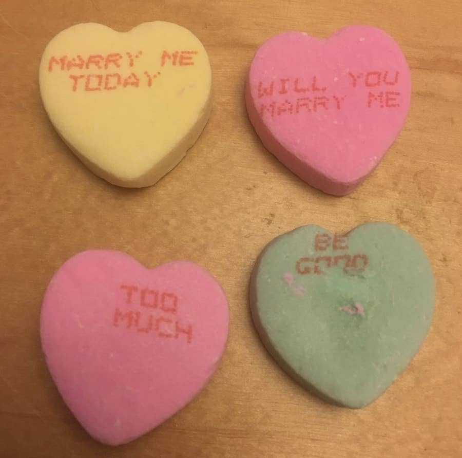STANK LOVE, BEAR WIG, and other sayings from AI-generated candy hearts