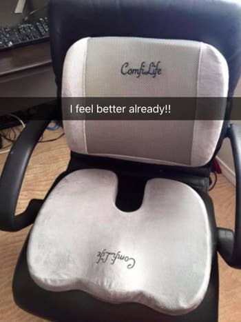 The cushion set on a desk chair with a caption 