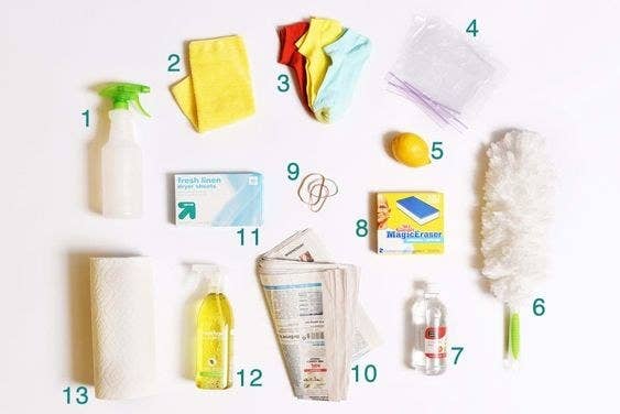 a flat lay of 13 cleaning products