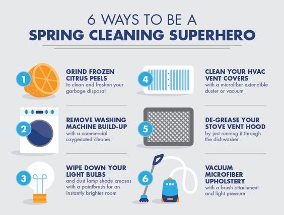 Graphic of 6 ways to be a spring cleaning superhero