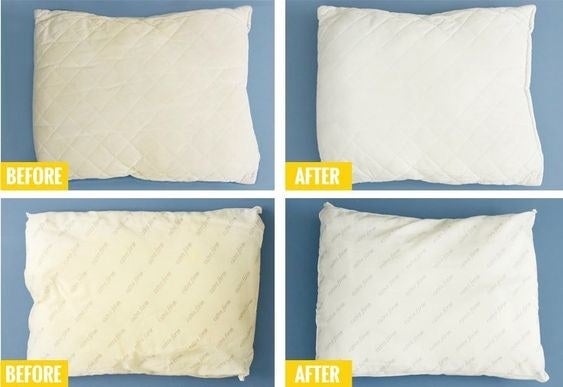 Before/after image of yellow-stained and white pillows