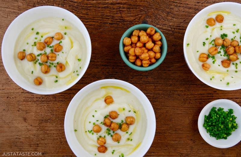 This soup only requires three ingredients and only takes about 15 minutes. Finnish off with salt and pepper, then go ahead and serve with your own favorite toppings. Here's the recipe.