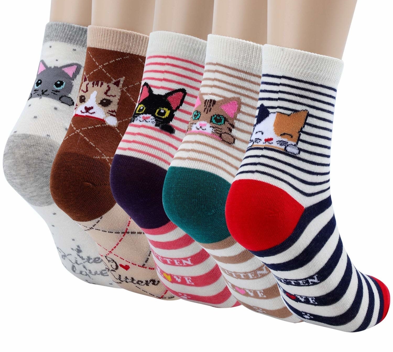 The patterned socks each with a different color cat face peeking over the heel