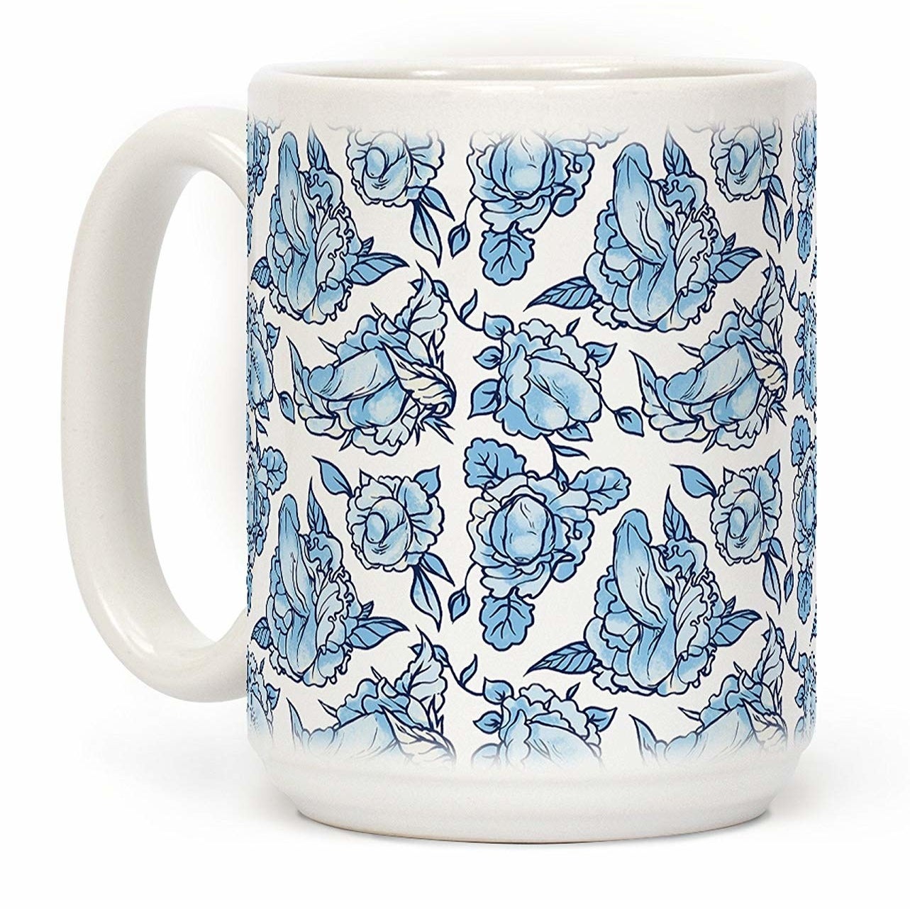 the white mug with blue penis flower design
