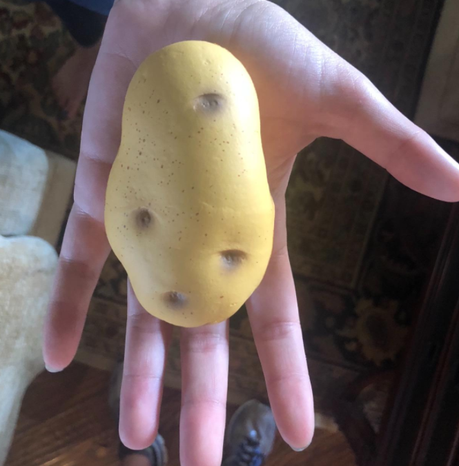 Reviewer holding the potato stress toy
