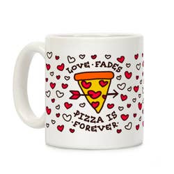 mug printed with hearts and pizza with text 