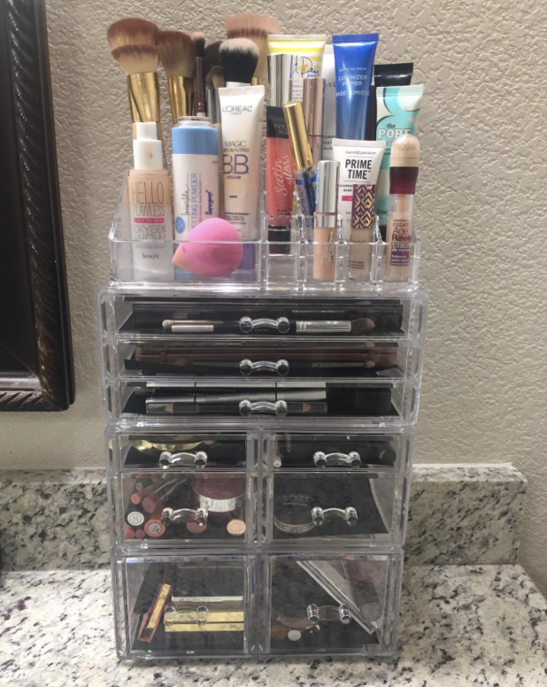 This organizer features nine different sized drawers and a top shelf. You can build it the way you like, and since it's acrylic, you can easily see what is in each compartment. Promising review: "I absolutely love this makeup organizer. It is very large, and the best part is that it's modular. You can arrange the setup in a bunch of different ways and if you stack them, they fit together so they won't move around during use. The plastic is thick and while I was cleaning my vanity, I accidentally dropped one of the pieces and it didn't crack at all. The drawers open and close very easily. They came with little black sheets to put in your drawers as a means to protect the drawers, but I removed them as I don't need them. I have a TON of makeup and it fits everything with room to spare." —Real cookGet it from Amazon for $28.99+ (available in two styles and three colors).