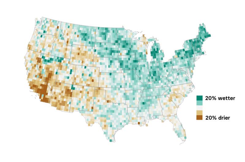 Yearly precipitation, average for 2001–15 compared to average for 1901–50.