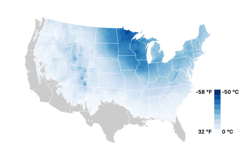 Forecast minimum temperatures for the 12 hours from 7 p.m ET Jan. 30.