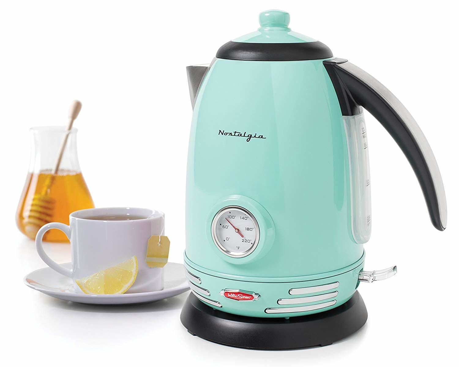 the mint green kettle with a temperature gauge on the front