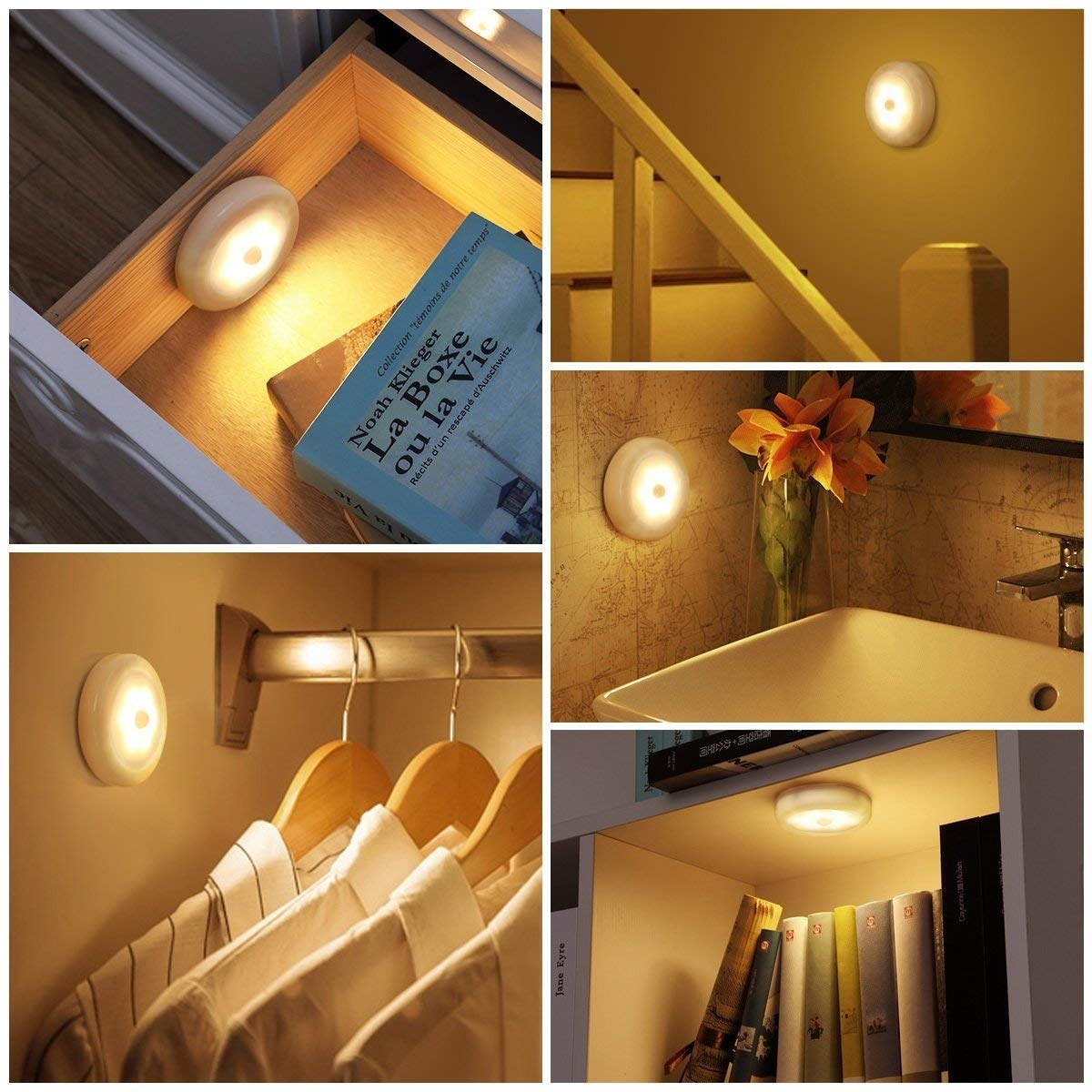 collection of images showing the lights in drawers, under the stairs, bathroom, closet