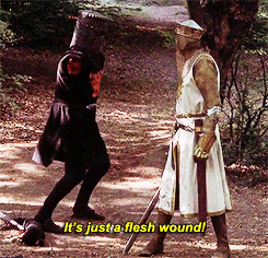 Scene from Monty Python &amp;amp; the Holy Grail, in which the armless Black Knight says, &quot;It&#x27;s just a flesh wound!&quot;