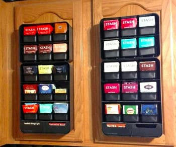 The tea organizers attached to a cabinet door