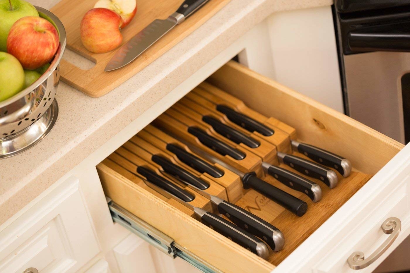 An open drawer with the bamboo block installed