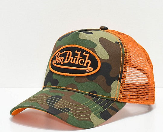 A orange and army camo trucker hat 