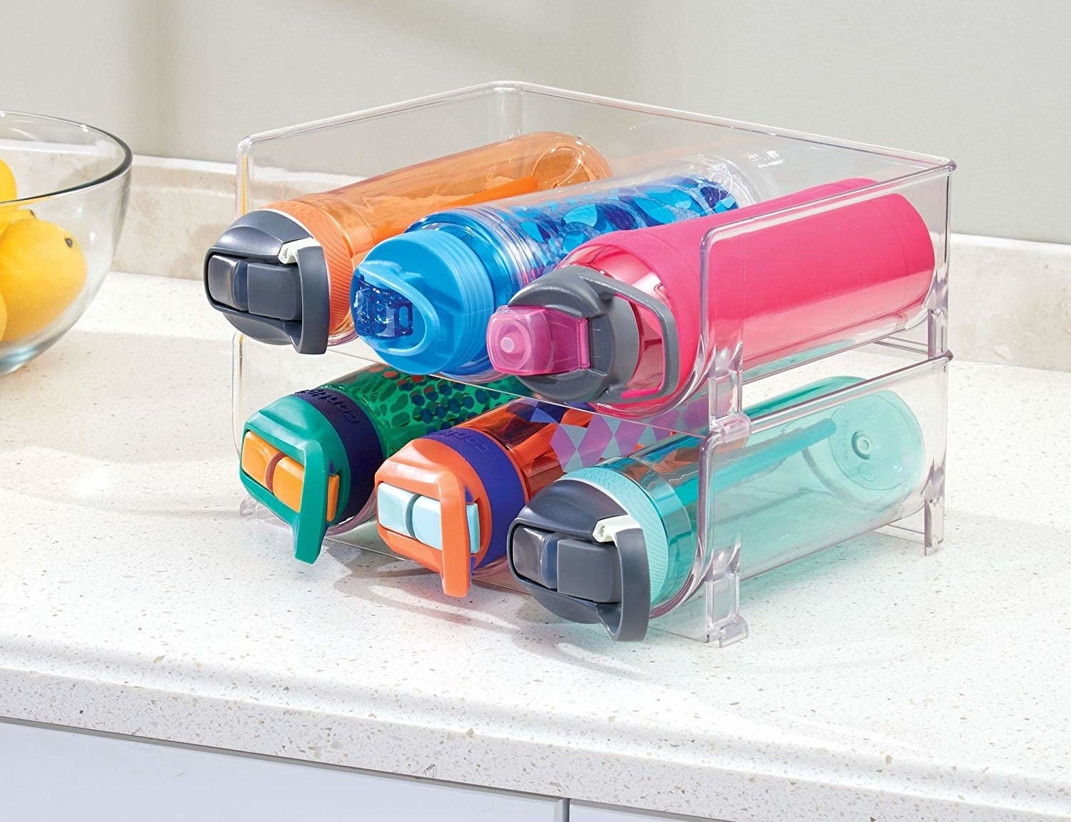 A filled water bottle storage rack