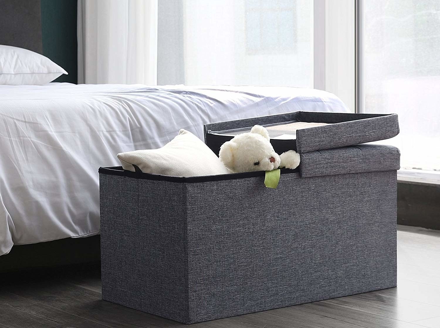 The storage bench at the foot of a bed