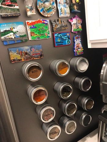 silver magnetic spice containers on side of reviewer's fridge