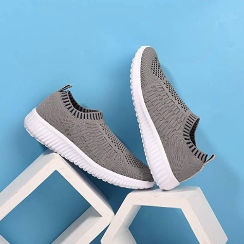 grey knit sneakers with a white sole