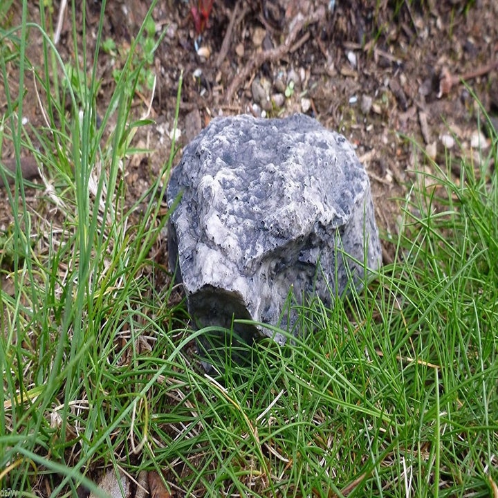 the key holder on grass showing it looks like a real rock