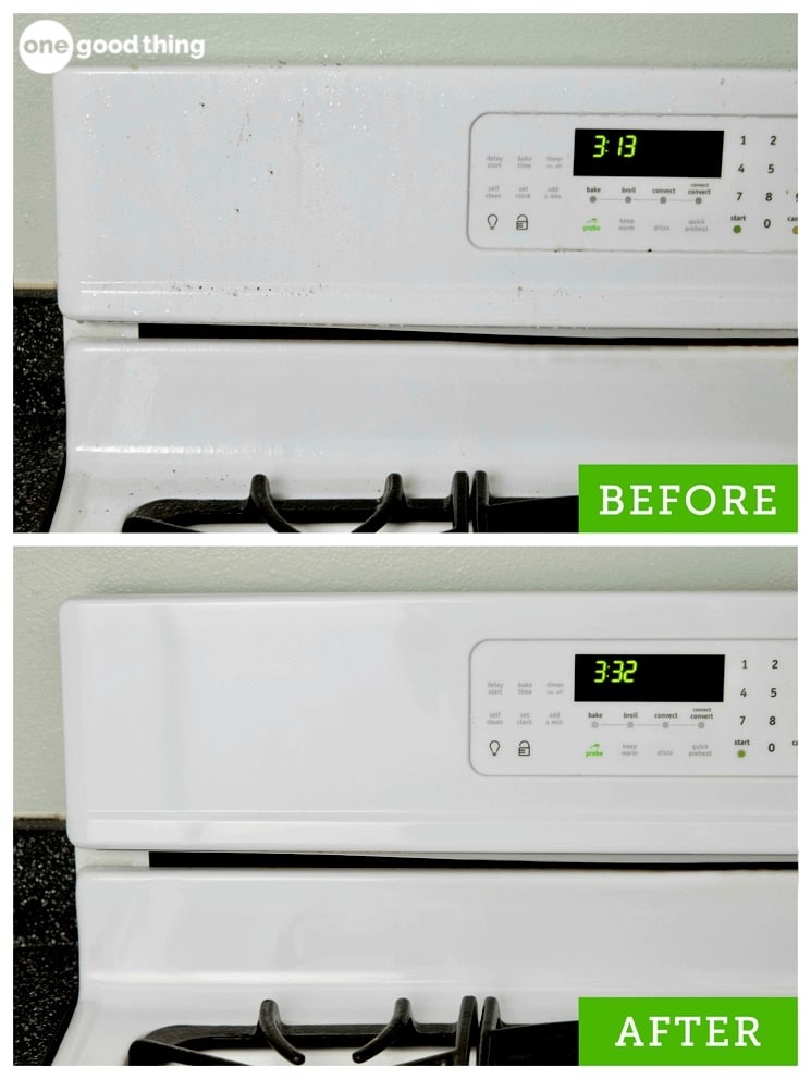 before: blogger Jillee&#x27;s grimy stove top and panel, dripping with dusty grease; after: the same spot, now completely clean