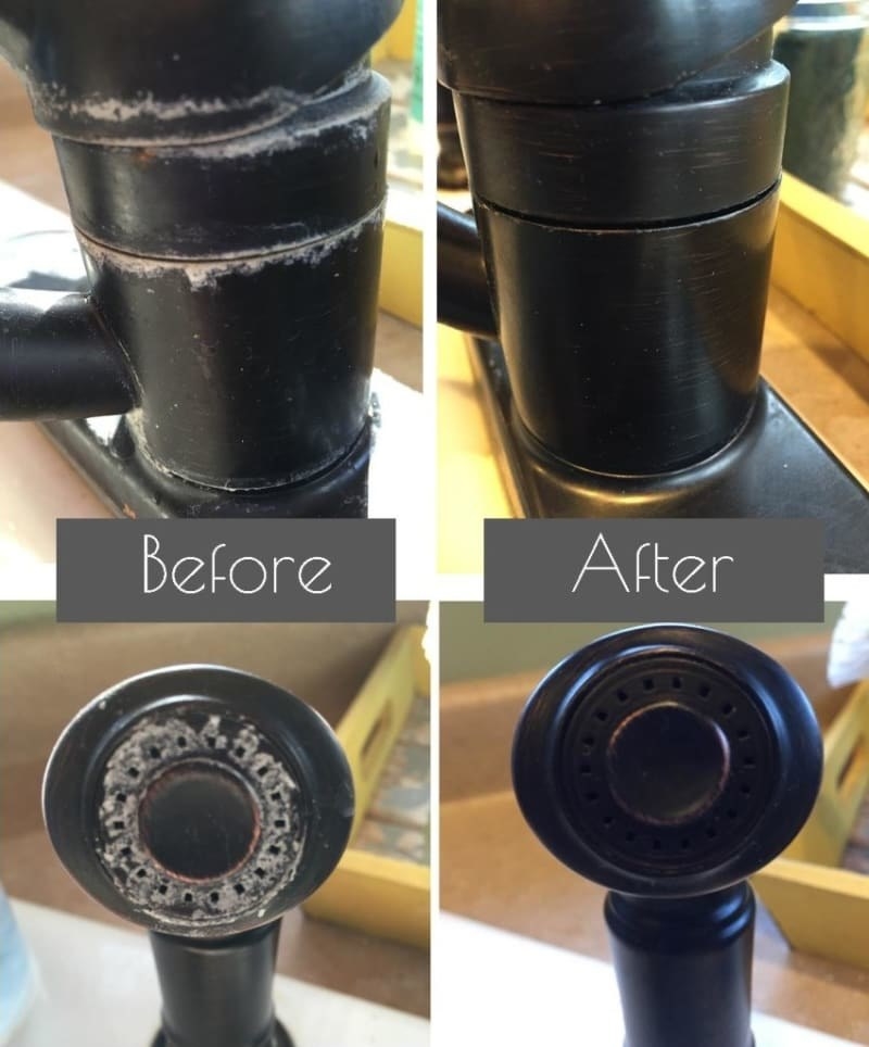 reviewer&#x27;s oil rubbed bronze faucet before, crusted with white hard water stains, and after, dark brown and no stains in sight