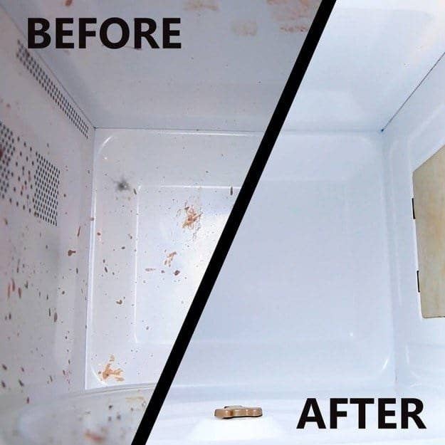 before: a microwave splattered with food residue and after: the same microwave, completely clean