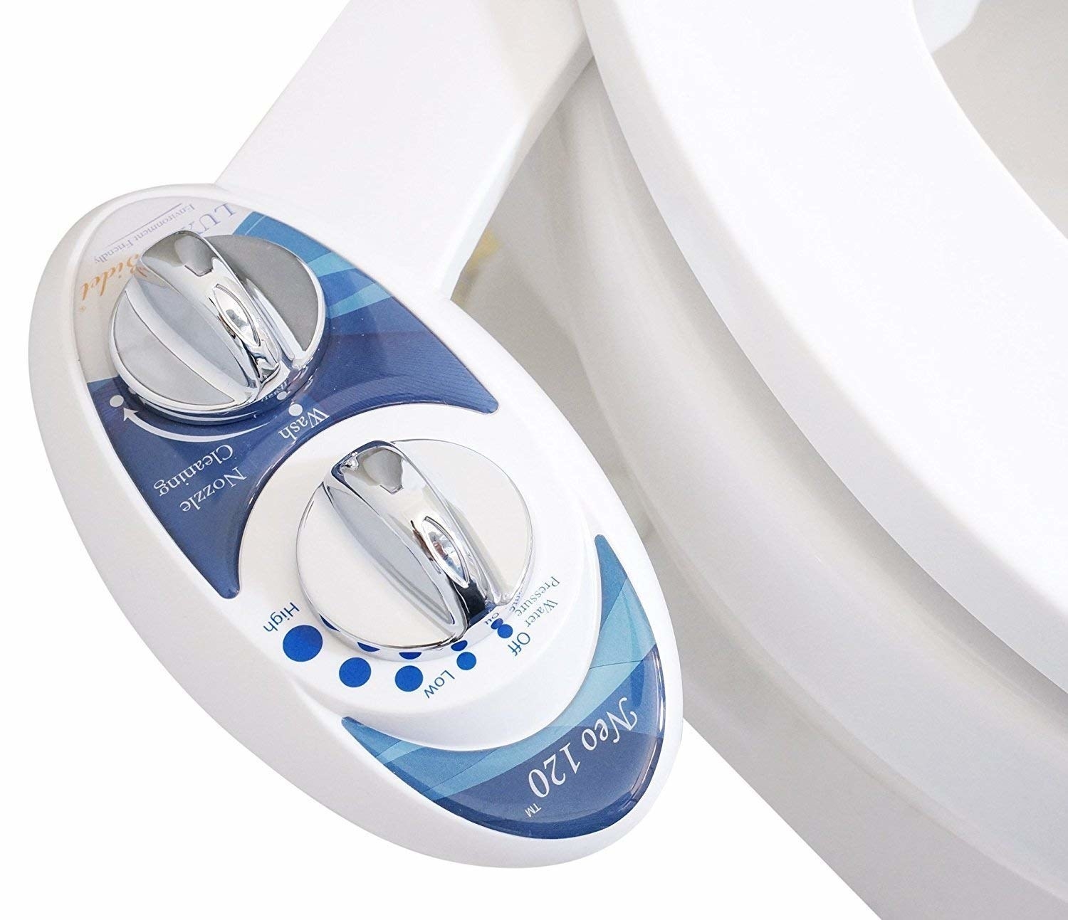 the bidet attachment with a close up of the two dials on it 