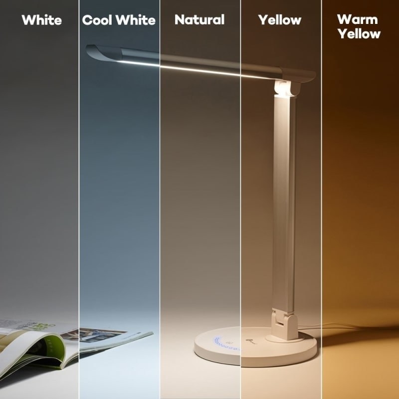 The lamp sectioned off into five different strips showing the different lighting colors from white, to cool white, natural, yellow, and warm yellow