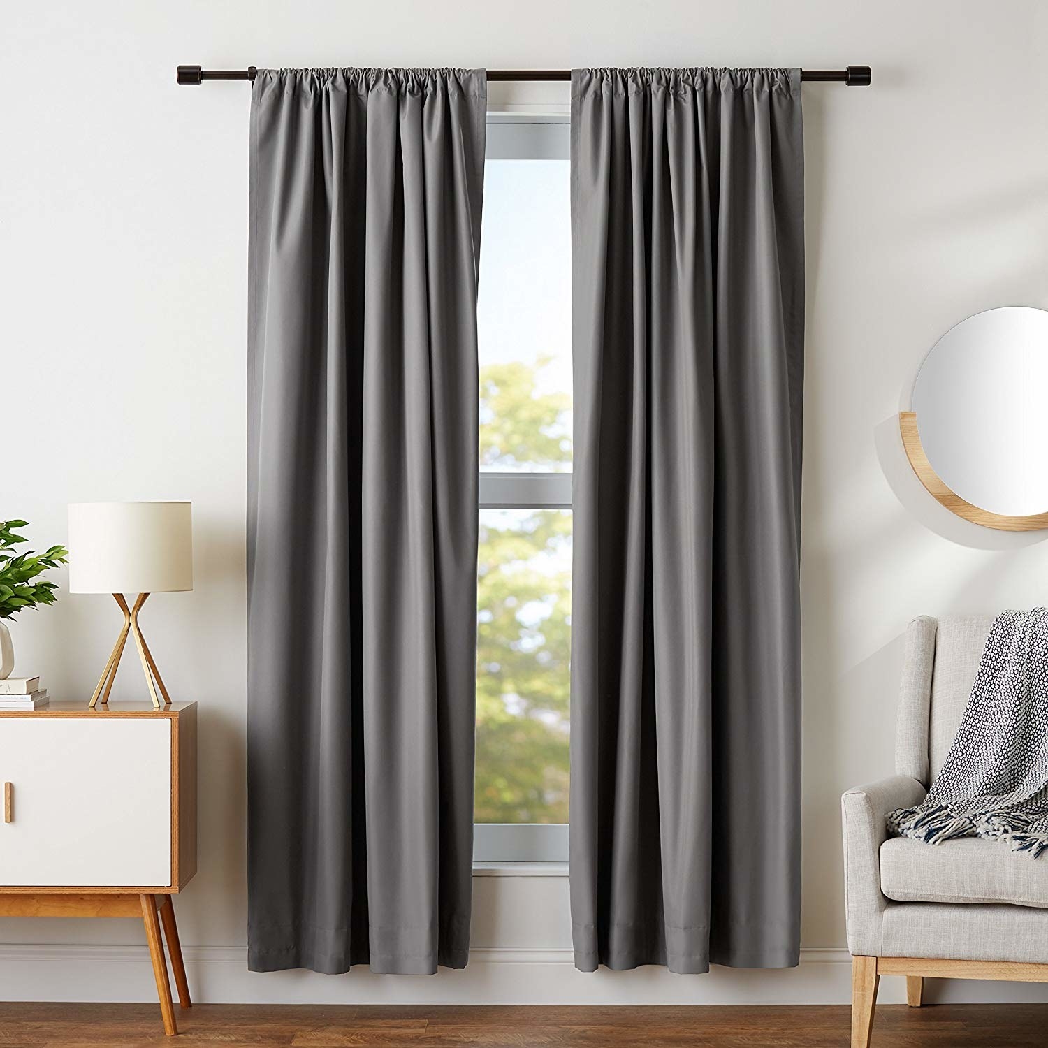The blackout curtains displayed in a window