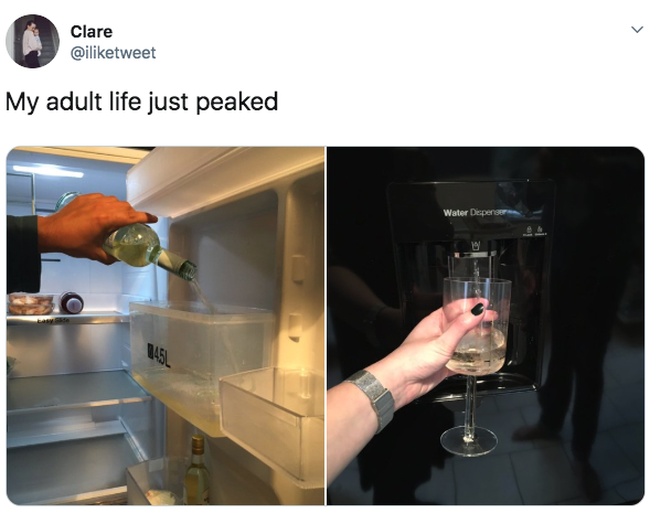someone putting wine in the water fridge dispenser