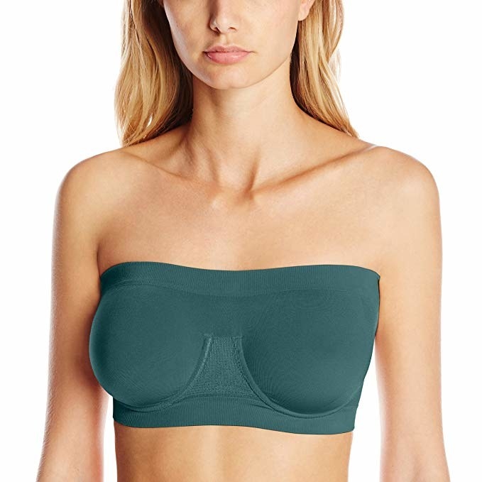 Model wearing teal strapless bra