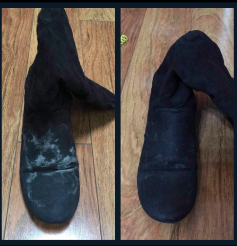 A before and after of a boot worn from snow and then looking brand new