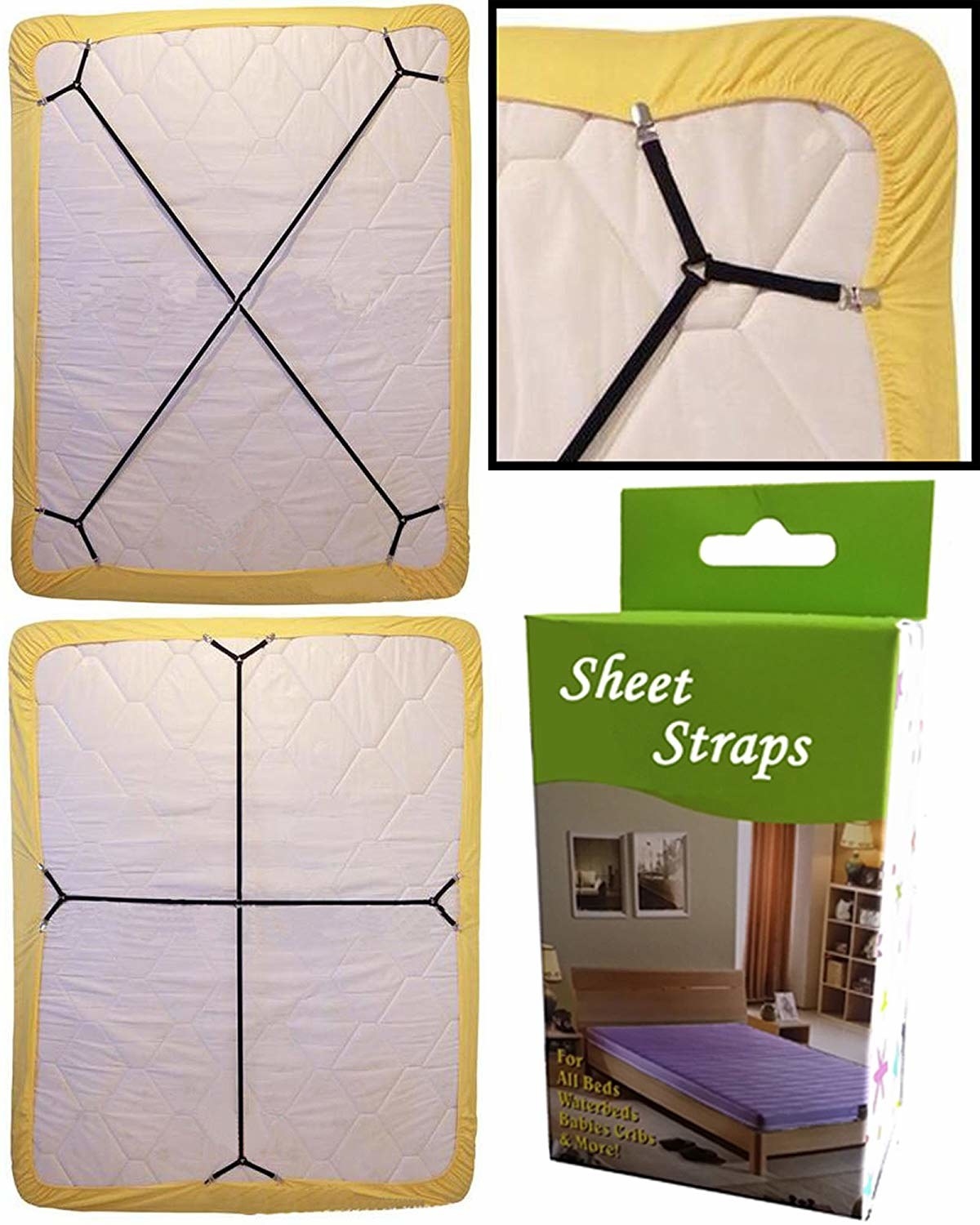 bottom of mattress shown with sheet suspenders attached to the edge of fitted sheet and stretched across to create tension that keeps sheet in place