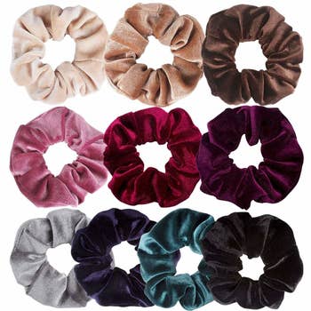 an array of colored velvet scrunchies