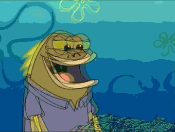 gif of a cartoon fish from &quot;spongebob&quot; holding a pile of money