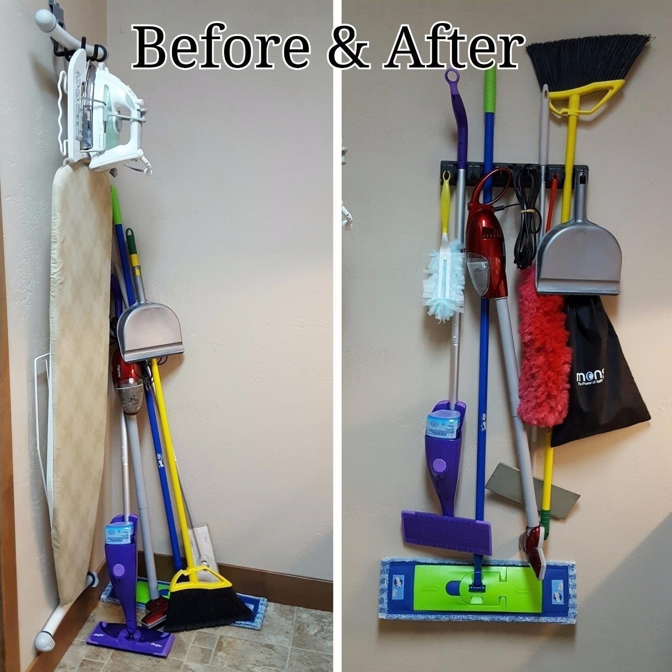 brooms and mops cluttered in a corner on the left and on the right mops brooms and dust pans hanging neatly on the wall