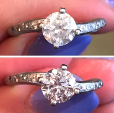 A reviewer&#x27;s photo of their engagement ring before and after using the cleaning brush