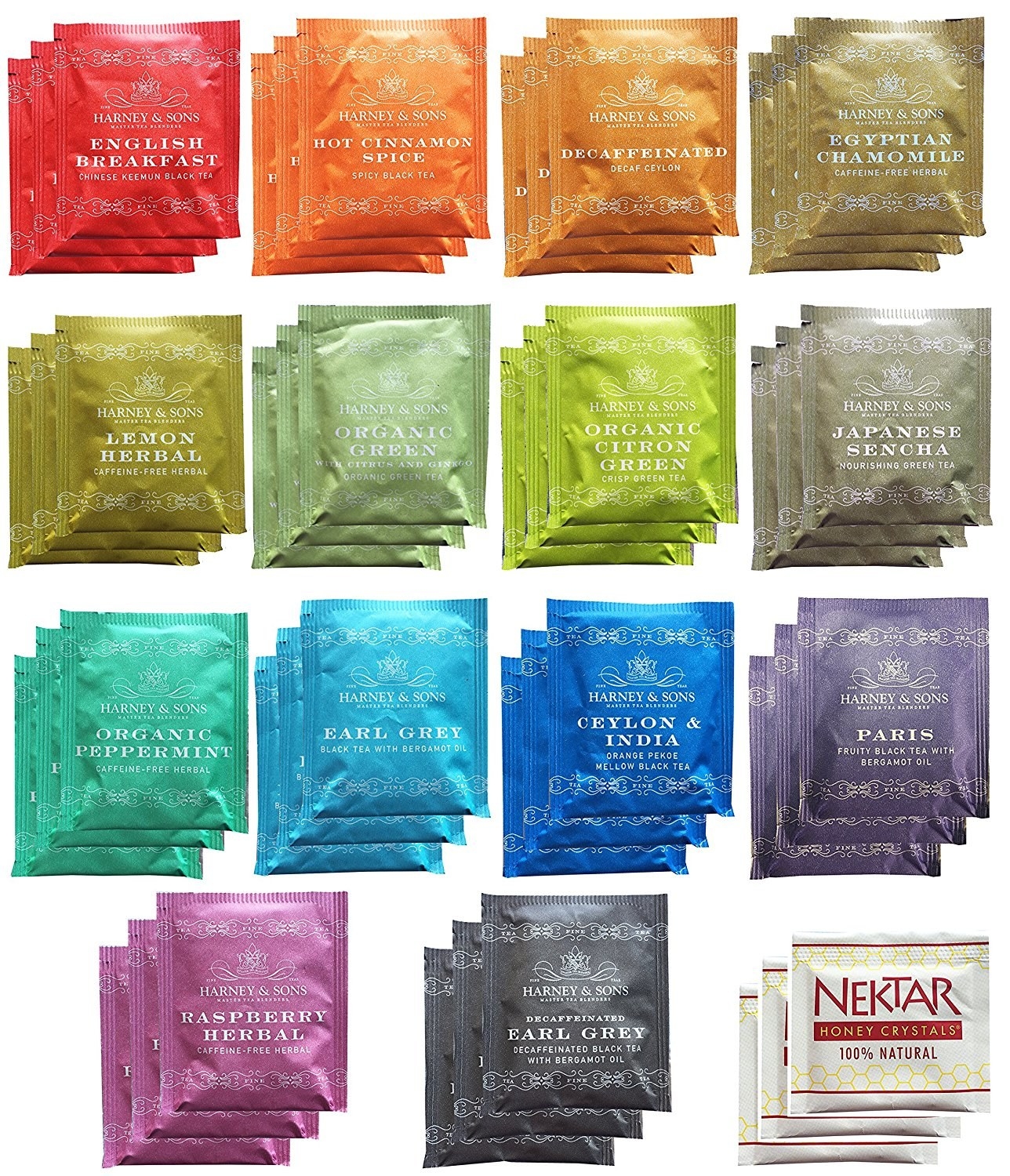 different colored tea bags and flavors