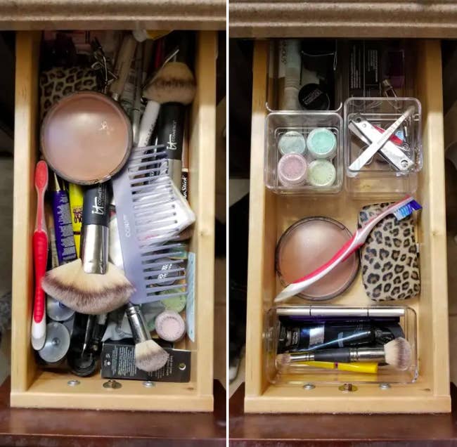 a messy drawer on the left and on the right an organized drawer using the clear bins