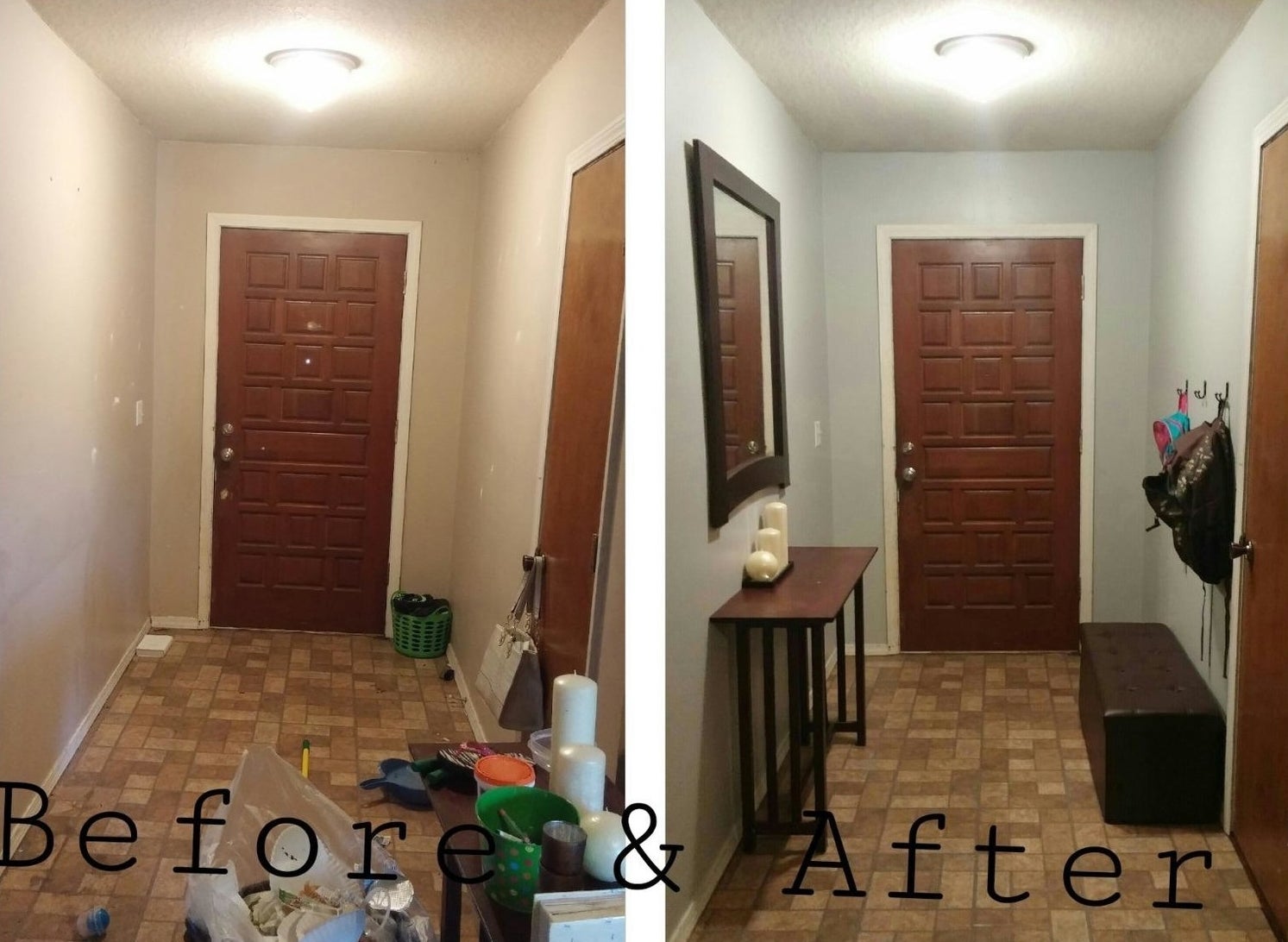 A reviewer showing their entry way with various items all over the floor at first, but then their entry way looking less messy since all of the items were placed in the slim, rectangular storage ottoman by the door